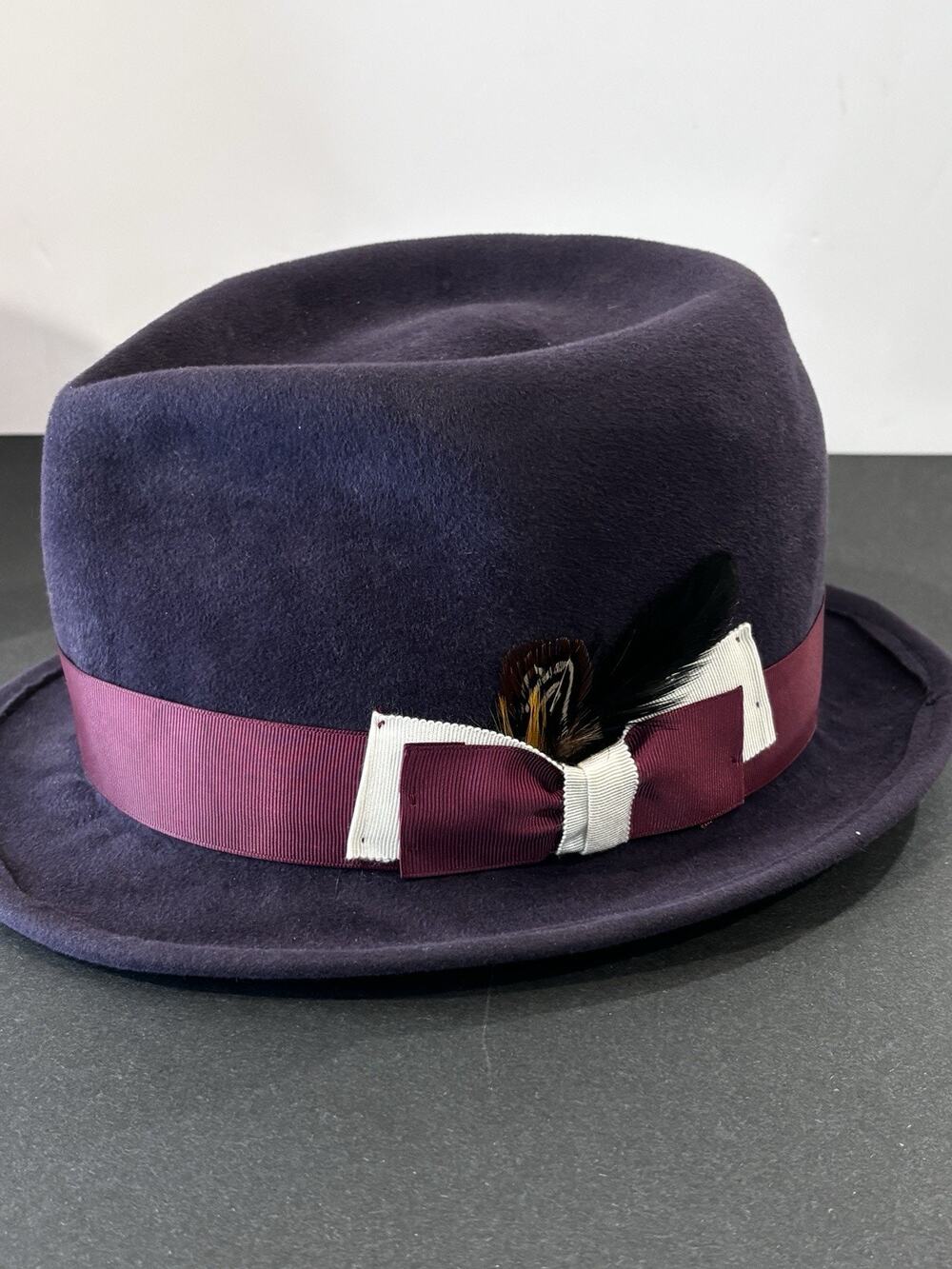 Handmade Men’s Plum Purple Fedora Hat Large XL 23-24" Felt Feather Ribbon